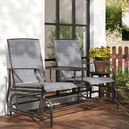 2 Seater Metal Swing Glider with Glass Table - Brown & Grey