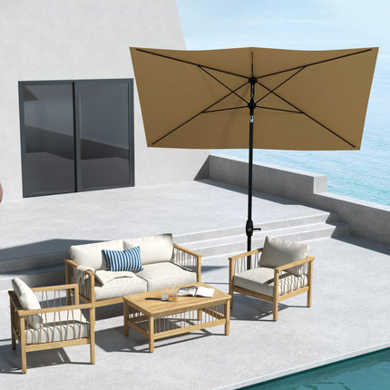 2x3m Rectangular Garden Parasol Umbrella with Crank & Tilt, 6 Ribs, Aluminium Pole - Brown