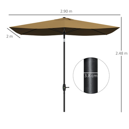 2x3m Rectangular Garden Parasol Umbrella with Crank & Tilt, 6 Ribs, Aluminium Pole - Brown