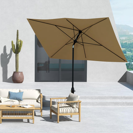 2x3m Rectangular Garden Parasol Umbrella with Crank & Tilt, 6 Ribs, Aluminium Pole - Brown