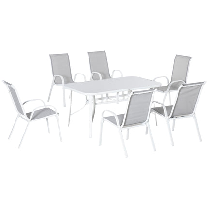7 Piece Garden Dining Set with Tempered Glass Table and Parasol Hole - Grey