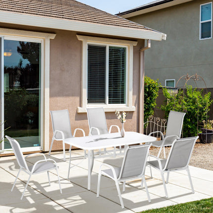7 Piece Garden Dining Set with Tempered Glass Table and Parasol Hole - Grey