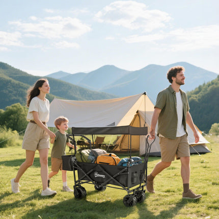 Folding Camping Trolley Cart with Canopy and 4 Wheels - Black