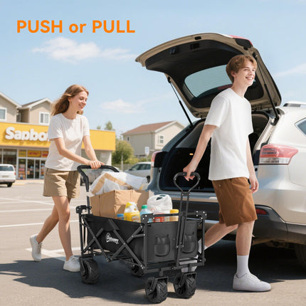 Folding Camping Trolley Cart with Canopy and 4 Wheels - Black