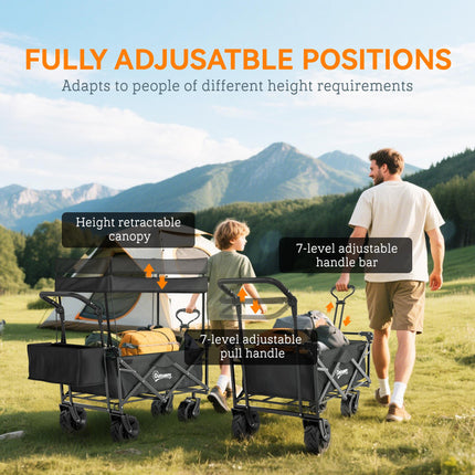 Folding Camping Trolley Cart with Canopy and 4 Wheels - Black