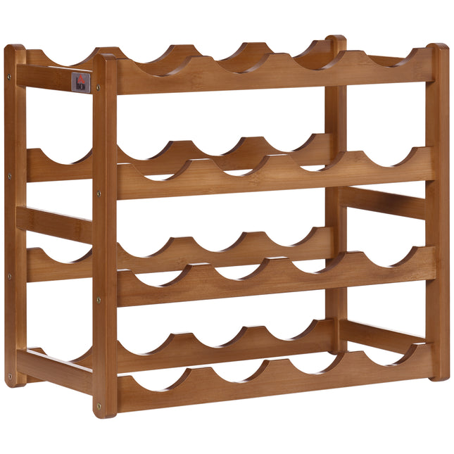 Free Standing Bamboo Wine Rack 16 Bottles 4-Tier Water Bottle Organizer - Brown