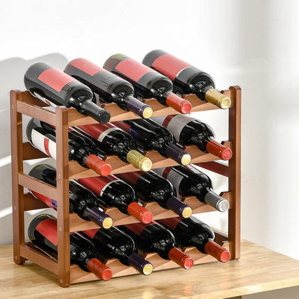 Free Standing Bamboo Wine Rack 16 Bottles 4-Tier Water Bottle Organizer - Brown