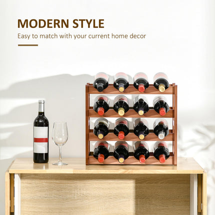 Free Standing Bamboo Wine Rack 16 Bottles 4-Tier Water Bottle Organizer - Brown