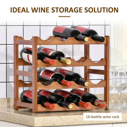 Free Standing Bamboo Wine Rack 16 Bottles 4-Tier Water Bottle Organizer - Brown