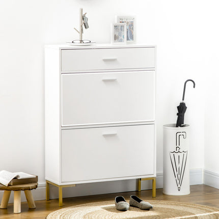 Modern Shoe Cabinet with 2 Flip Doors, Drawer & Adjustable Shelf for 12 Pairs of Shoes - White