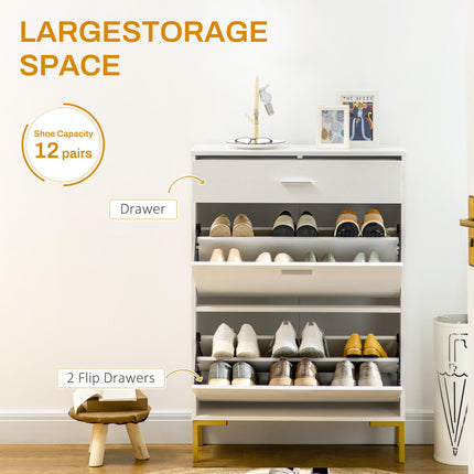 Modern Shoe Cabinet with 2 Flip Doors, Drawer & Adjustable Shelf for 12 Pairs of Shoes - White
