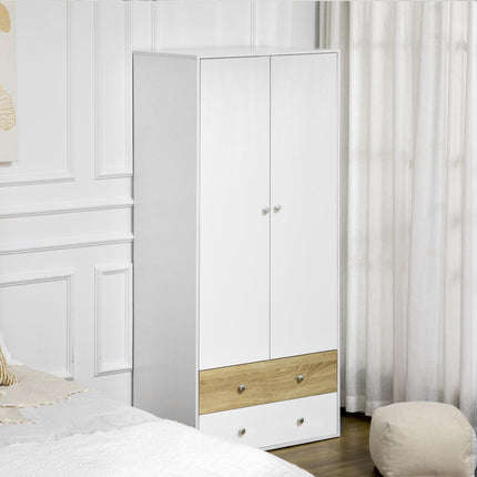 2 Door Wardrobe with Drawers and Hanging Rod for Bedroom Clothes Storage - White