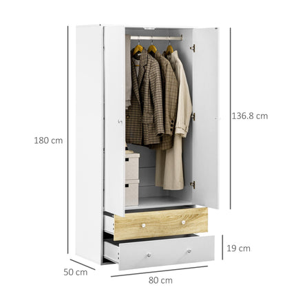 2 Door Wardrobe with Drawers and Hanging Rod for Bedroom Clothes Storage - White