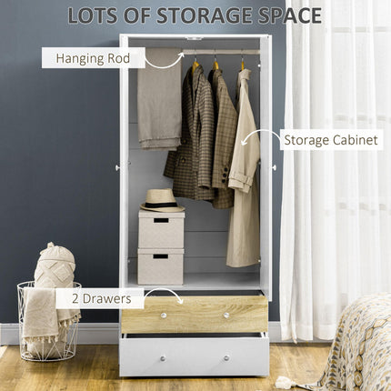 2 Door Wardrobe with Drawers and Hanging Rod for Bedroom Clothes Storage - White