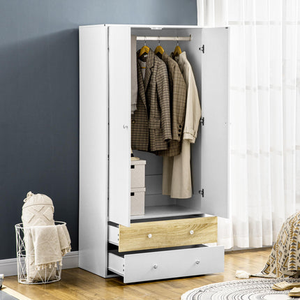 2 Door Wardrobe with Drawers and Hanging Rod for Bedroom Clothes Storage - White