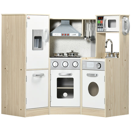 Wooden Corner Toy Kitchen for Kids with Sound, Light & Role Play Accessories - Natural White