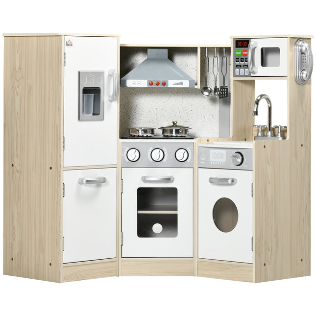 Wooden Corner Toy Kitchen for Kids with Sound, Light & Role Play Accessories - Natural White