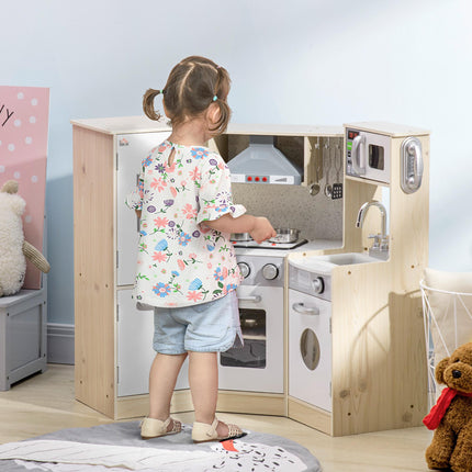 Wooden Corner Toy Kitchen for Kids with Sound, Light & Role Play Accessories - Natural White