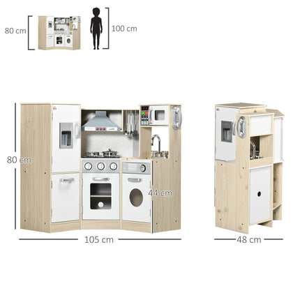 Wooden Corner Toy Kitchen for Kids with Sound, Light & Role Play Accessories - Natural White