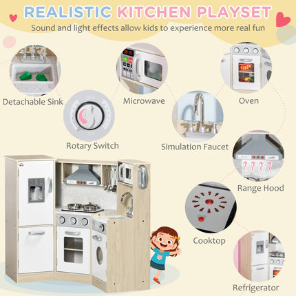 Wooden Corner Toy Kitchen for Kids with Sound, Light & Role Play Accessories - Natural White