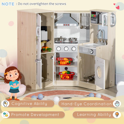 Wooden Corner Toy Kitchen for Kids with Sound, Light & Role Play Accessories - Natural White