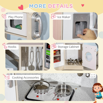 Wooden Corner Toy Kitchen for Kids with Sound, Light & Role Play Accessories - Natural White