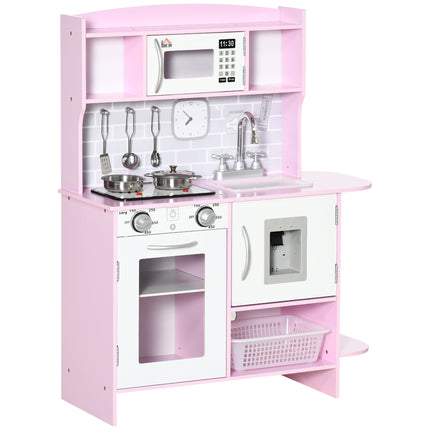 Wooden Kids Play Kitchen with Lights, Sounds, Microwave & Water Dispenser - Pink