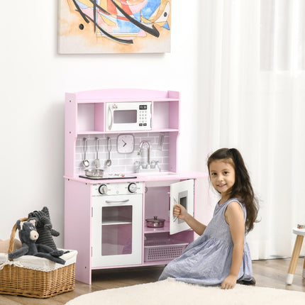 Wooden Kids Play Kitchen with Lights, Sounds, Microwave & Water Dispenser - Pink