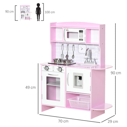 Wooden Kids Play Kitchen with Lights, Sounds, Microwave & Water Dispenser - Pink