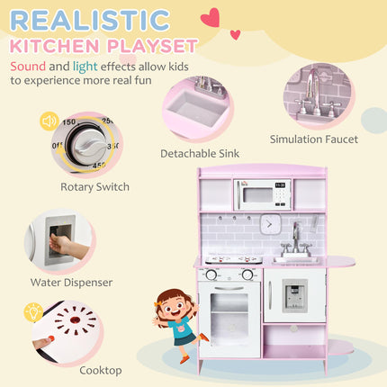 Wooden Kids Play Kitchen with Lights, Sounds, Microwave & Water Dispenser - Pink
