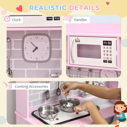 Wooden Kids Play Kitchen with Lights, Sounds, Microwave & Water Dispenser - Pink