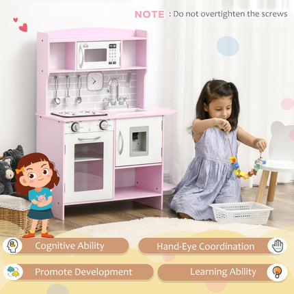 Wooden Kids Play Kitchen with Lights, Sounds, Microwave & Water Dispenser - Pink