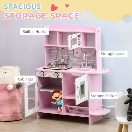 Wooden Kids Play Kitchen with Lights, Sounds, Microwave & Water Dispenser - Pink