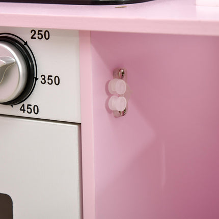 Wooden Kids Play Kitchen with Lights, Sounds, Microwave & Water Dispenser - Pink