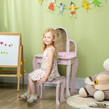 Kids Vanity Dressing Table with Mirror, Stool & Drawer - Pink MDF
