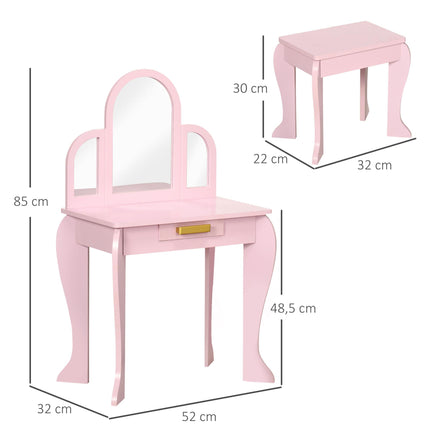 Kids Vanity Dressing Table with Mirror, Stool & Drawer - Pink MDF