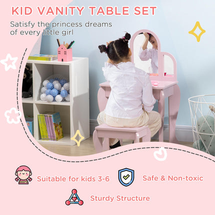 Kids Vanity Dressing Table with Mirror, Stool & Drawer - Pink MDF