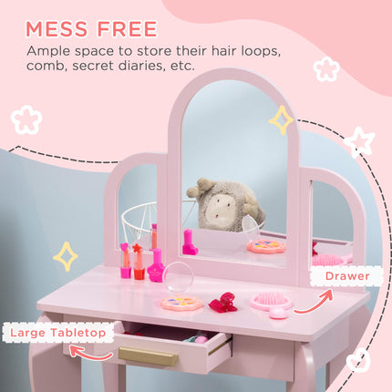 Kids Vanity Dressing Table with Mirror, Stool & Drawer - Pink MDF