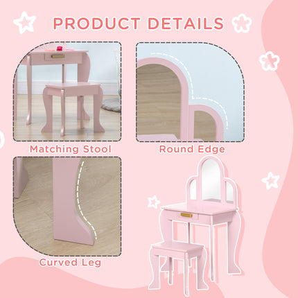 Kids Vanity Dressing Table with Mirror, Stool & Drawer - Pink MDF