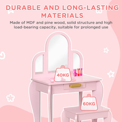 Kids Vanity Dressing Table with Mirror, Stool & Drawer - Pink MDF