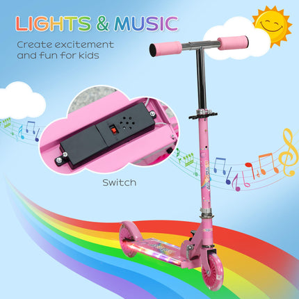 Kids Scooter with Adjustable Height, Folding Frame, LED Wheels & Music for Ages 3-7 - Pink