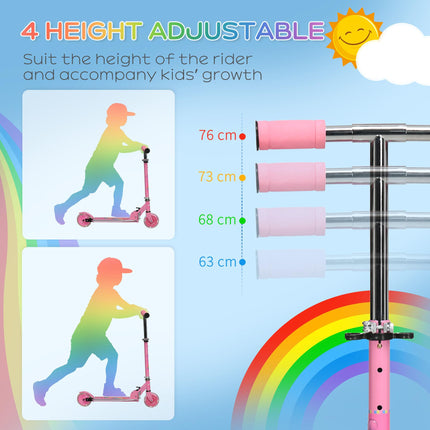 Kids Scooter with Adjustable Height, Folding Frame, LED Wheels & Music for Ages 3-7 - Pink