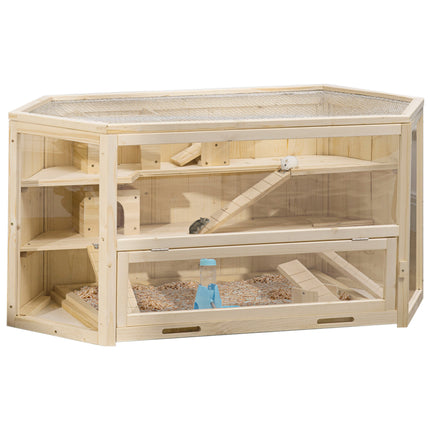 Large Wooden 3-Tier Hamster Cage with Slide and Activity Center - Natural