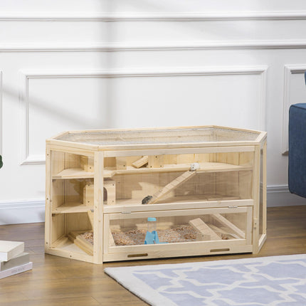 Large Wooden 3-Tier Hamster Cage with Slide and Activity Center - Natural