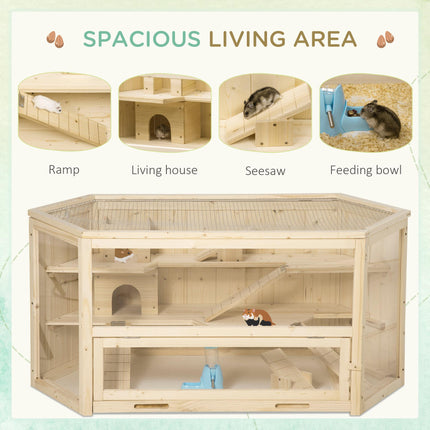 Large Wooden 3-Tier Hamster Cage with Slide and Activity Center - Natural