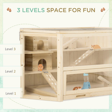 Large Wooden 3-Tier Hamster Cage with Slide and Activity Center - Natural