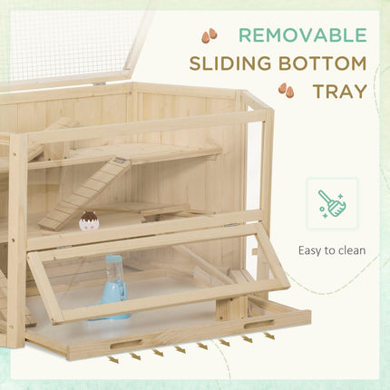 Large Wooden 3-Tier Hamster Cage with Slide and Activity Center - Natural