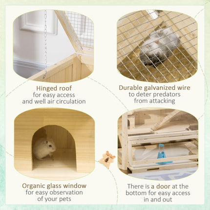 Large Wooden 3-Tier Hamster Cage with Slide and Activity Center - Natural