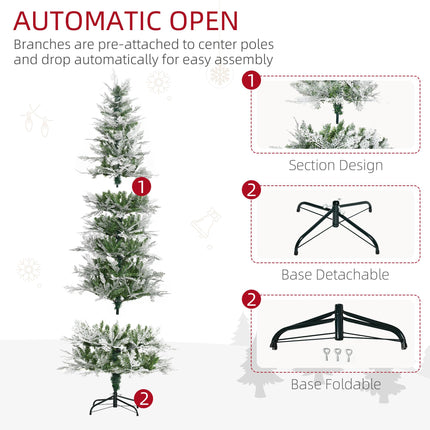 Pencil Snow Flocked Artificial Christmas Tree with Realistic Cypress Branches, Auto Open - Green