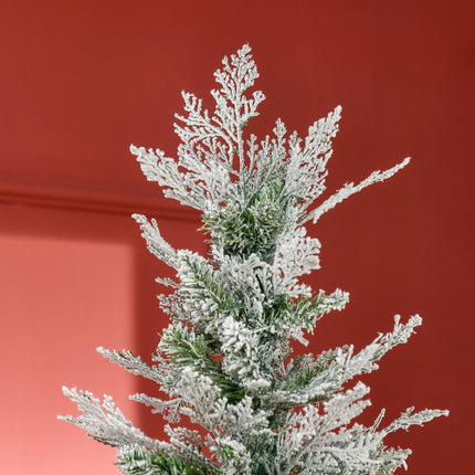 Pencil Snow Flocked Artificial Christmas Tree with Realistic Cypress Branches, Auto Open - Green